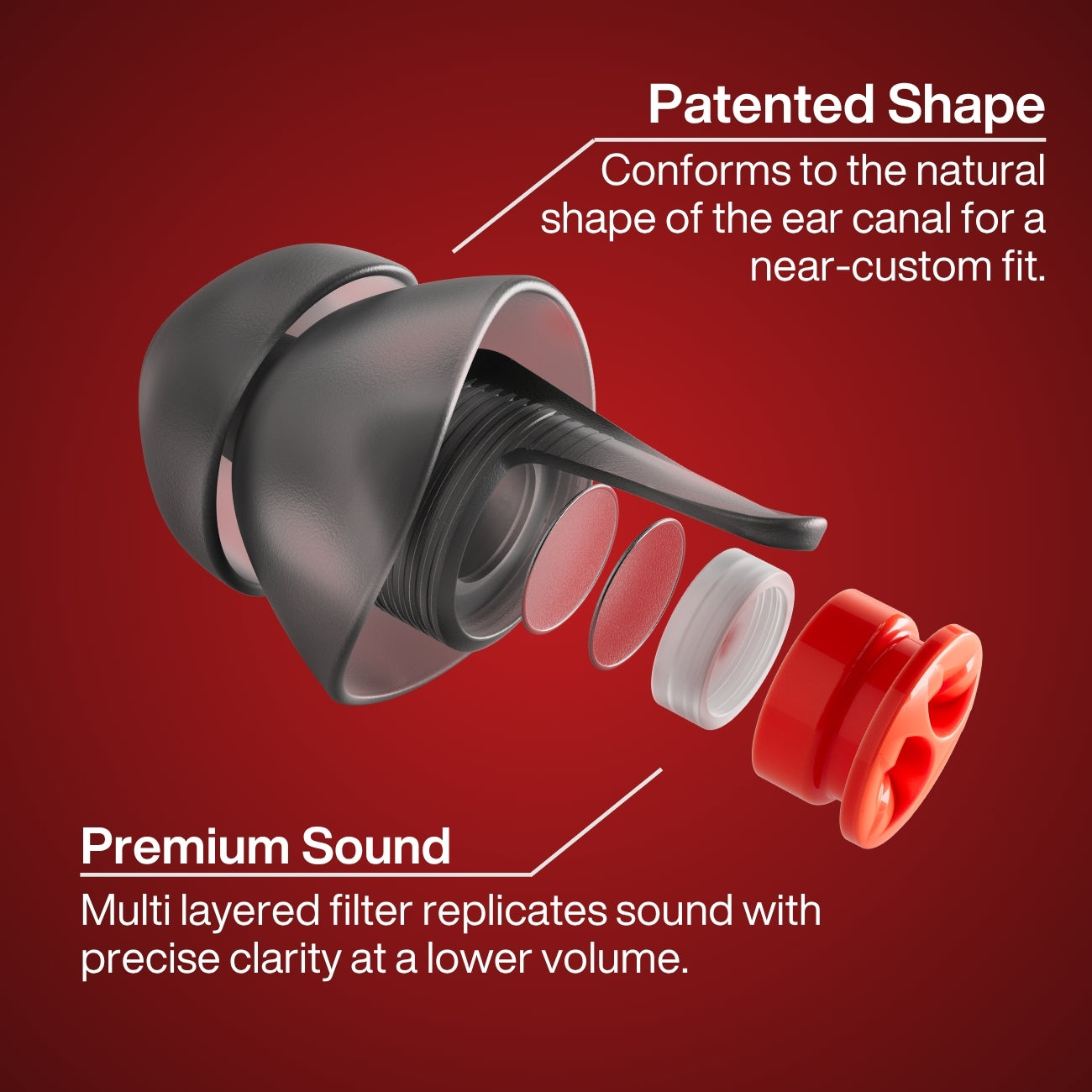 Earpeace 24dB motorcycle earplugs with text explaining patented shape and premium sound on a red background