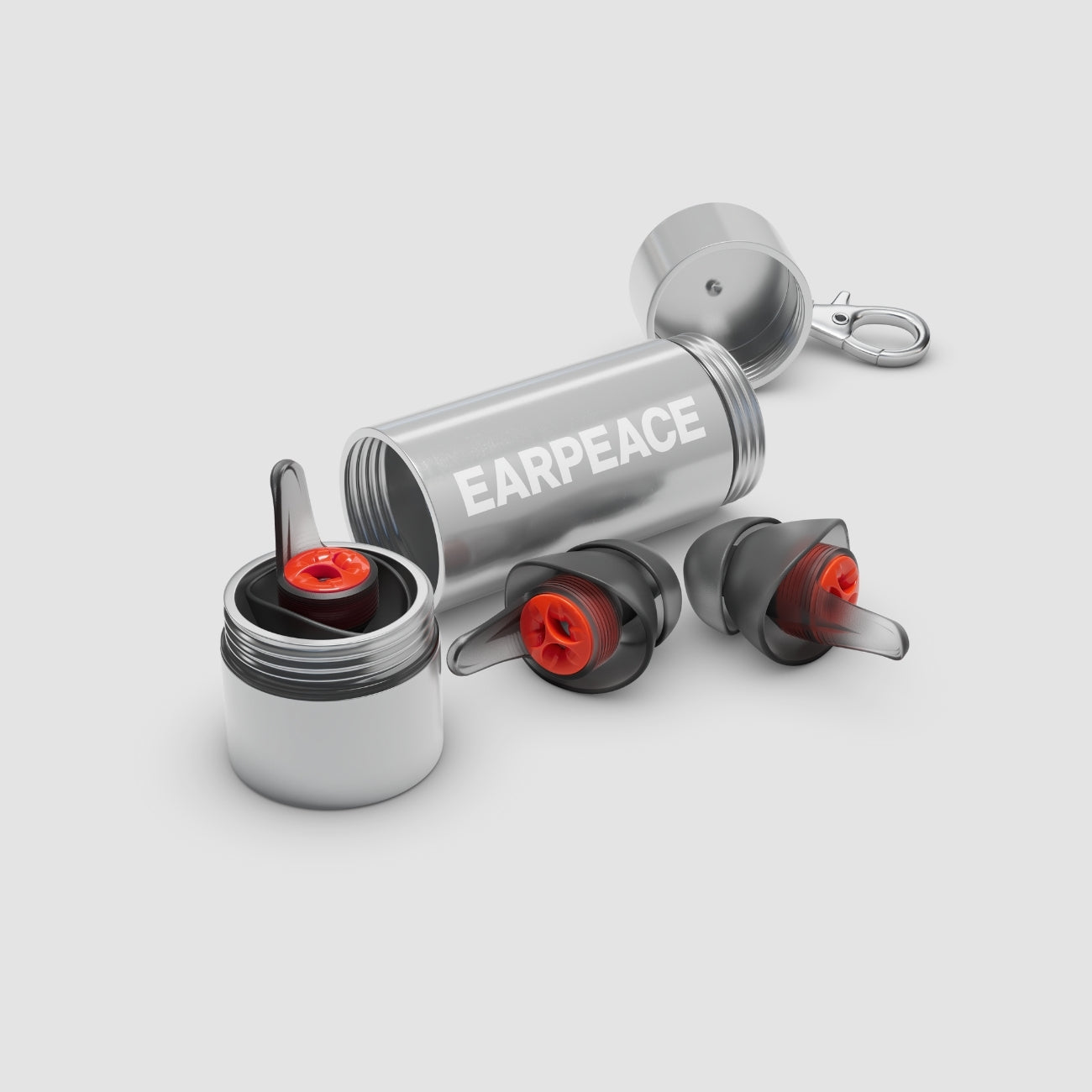 Earpeace 20dB motorcycle earplugs case with earplugs on a light gray background