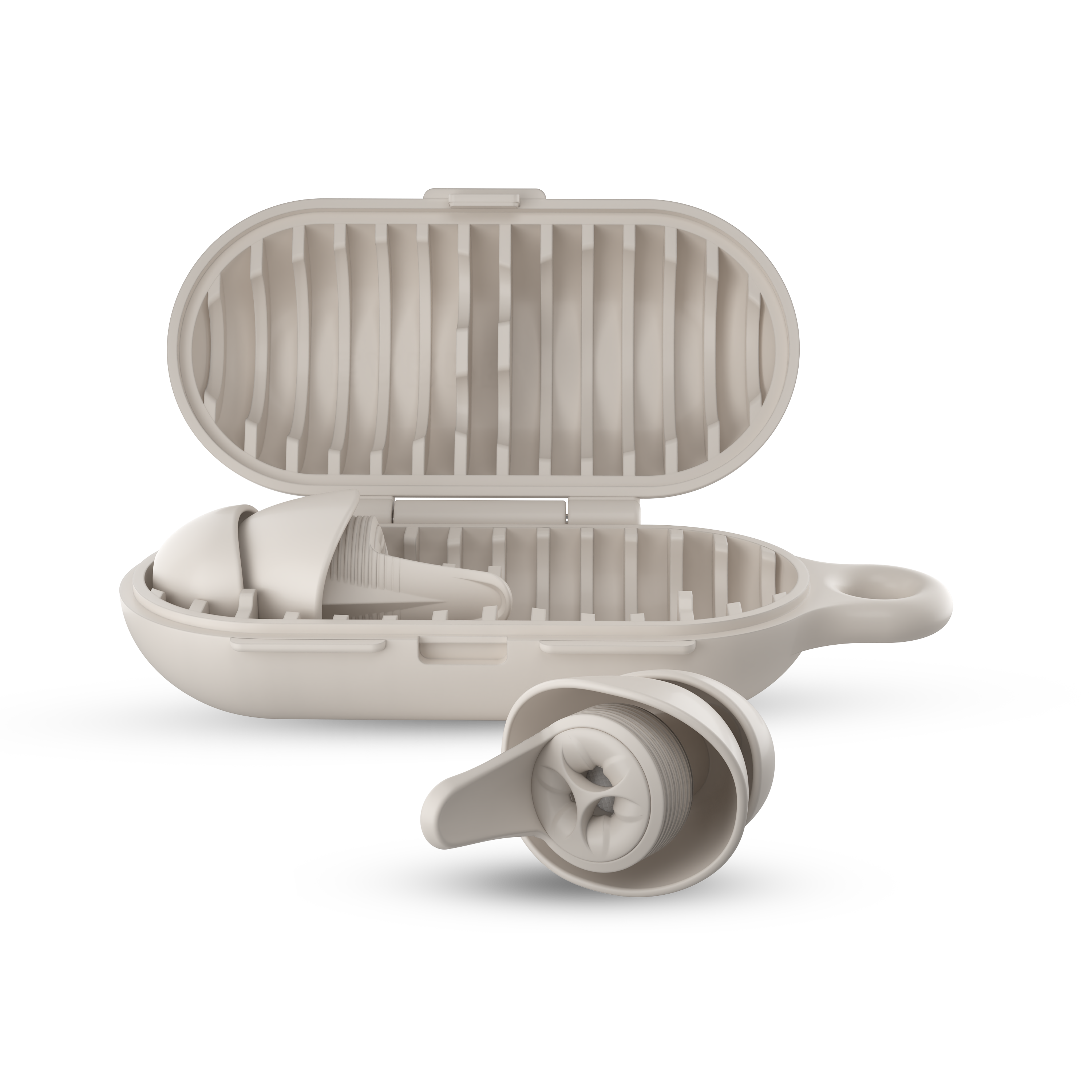 earpeace everyday case open with single earplug in case and single in earplug out in cream