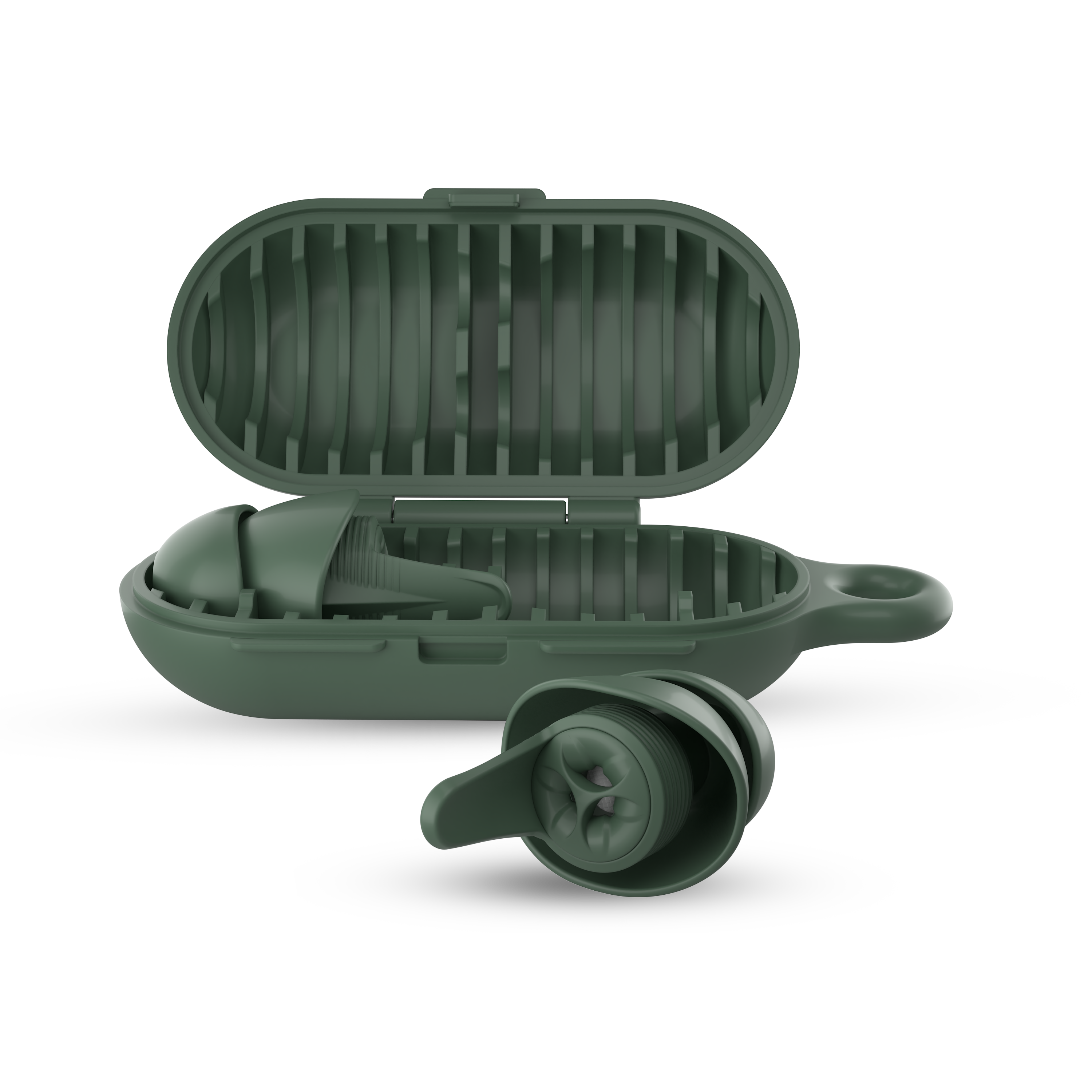 earpeace everyday case open with single earplug in case and single in earplug out in forest #color_forest