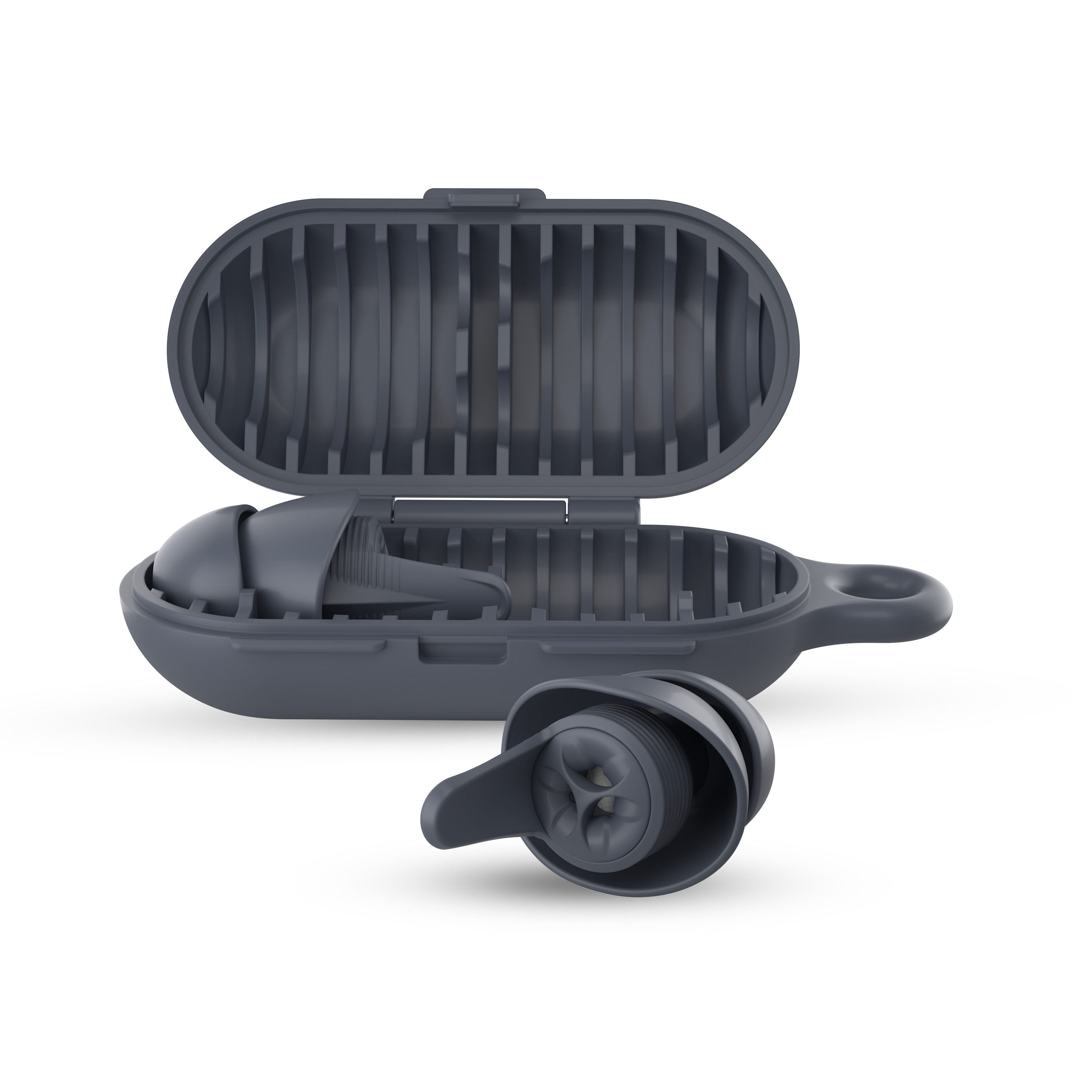 earpeace everyday case open with single earplug in case and single in earplug out in navy #color_navy