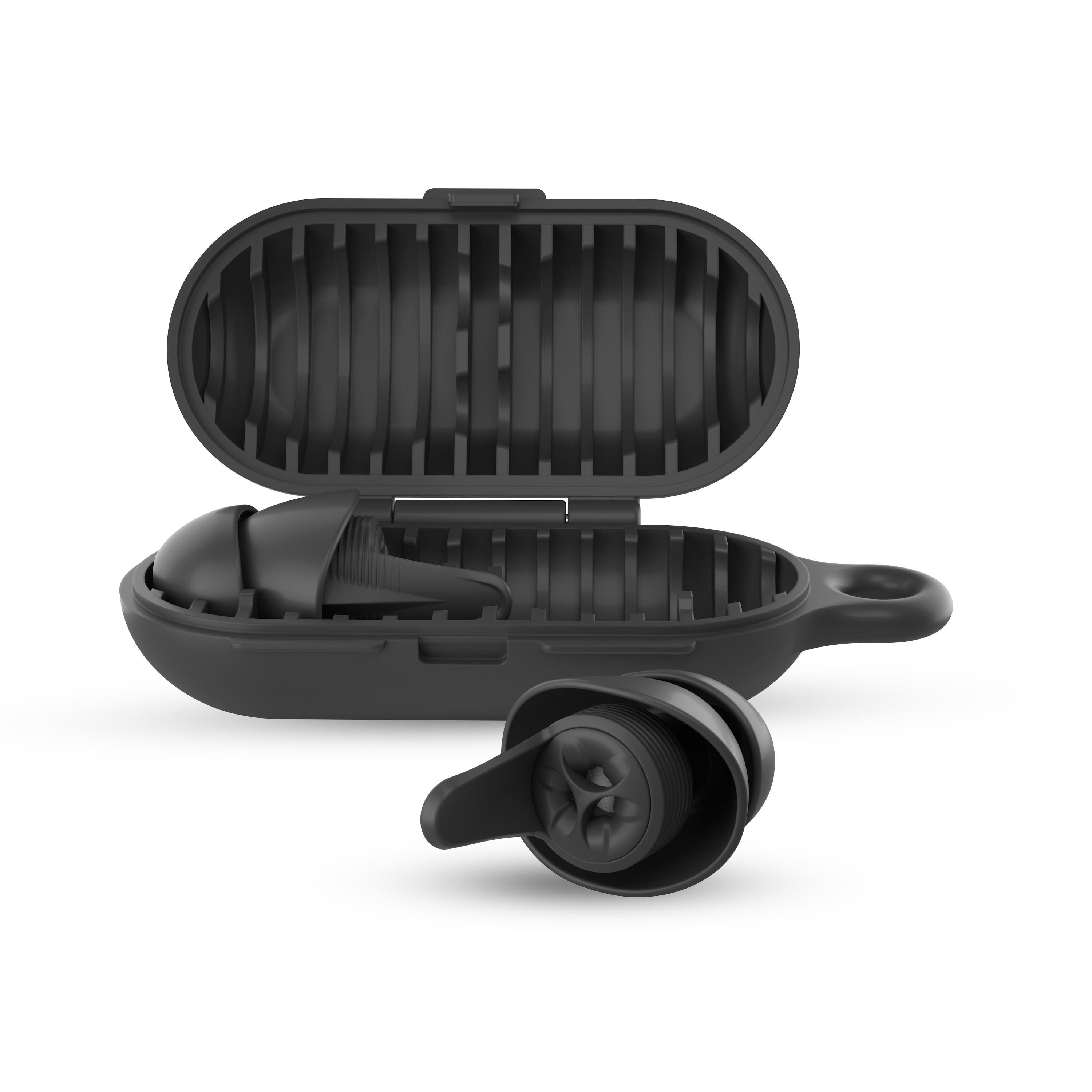 earpeace everyday case open with single earplug in case and single in earplug out in black