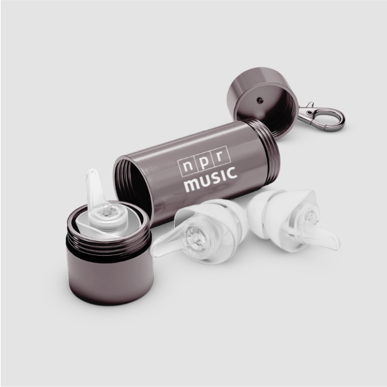 NPR Music PRO earplugs and open carrying case
