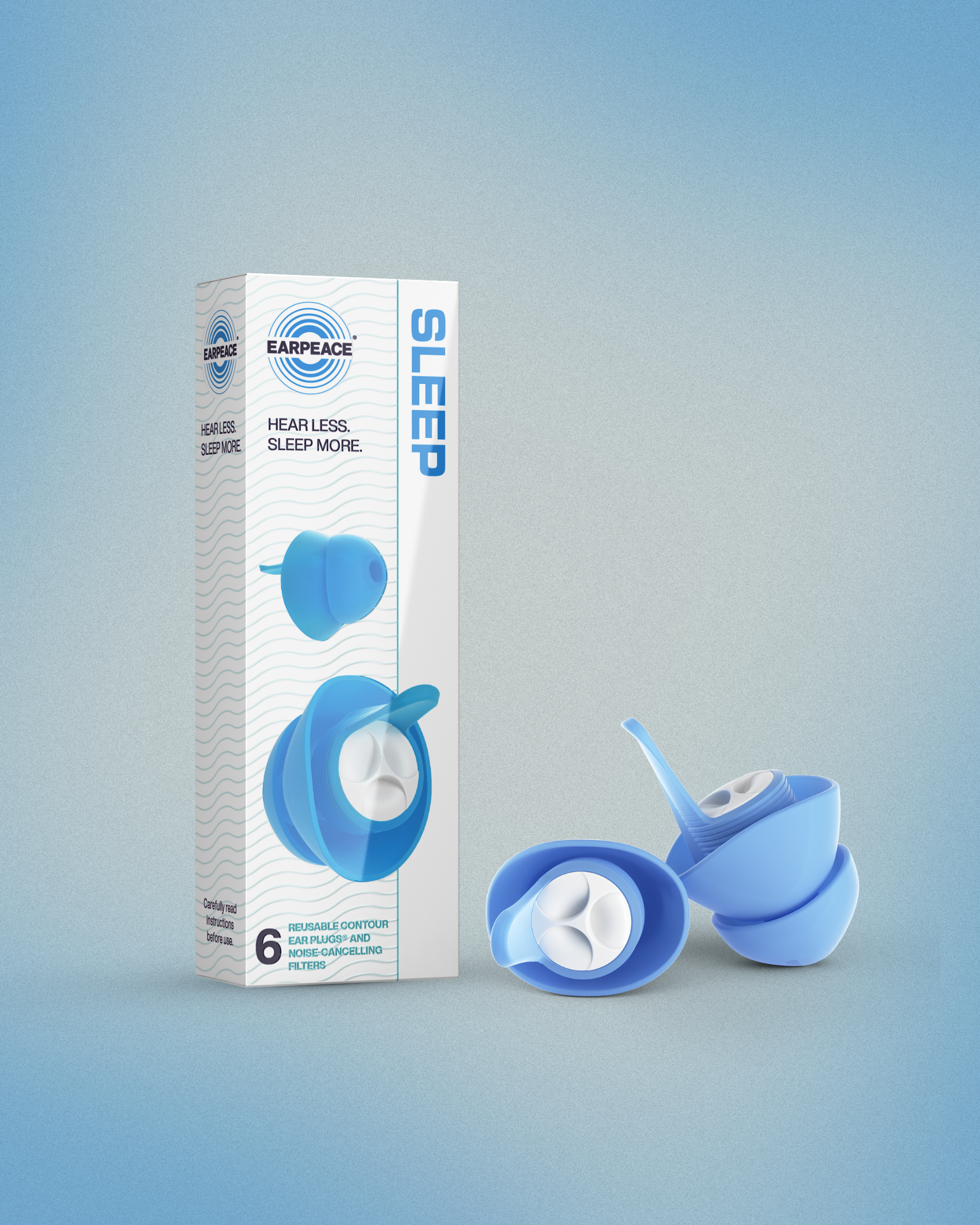 Blue earplugs with packaging on a gradient blue background