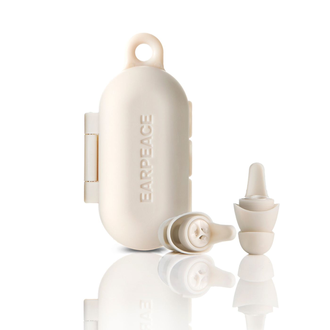 earpeace everyday cream case upright and two cream earplugs
