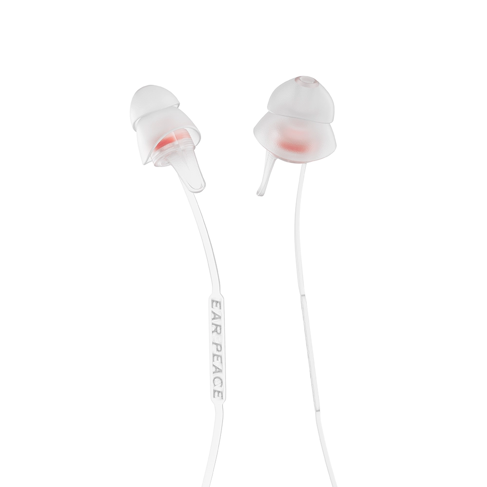 A clear connector cord designed to secure earplugs, made of silicone.