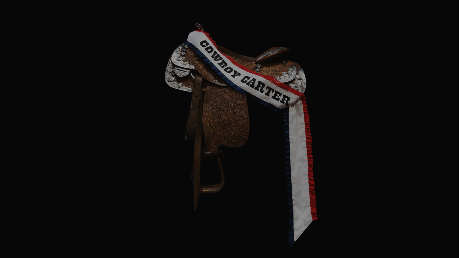 cowboy carter album cover, horse saddle with ribbon