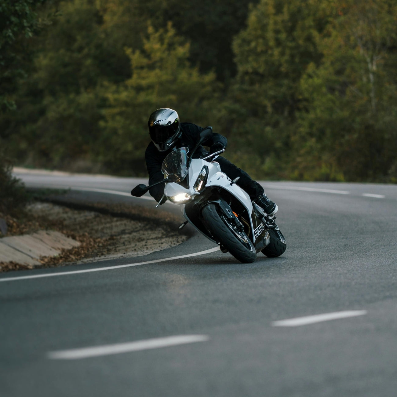 Earpeace 20dB motorcycle earplugs Motorcyclist on a winding road with trees in the background