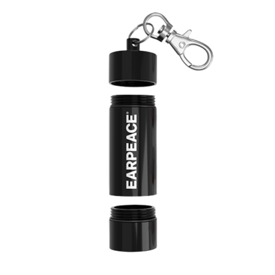 Black earplugs case with keychain clip on a white background