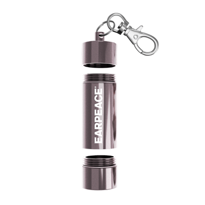 Chrome earplug case with 'Earpeace' branding on a white background