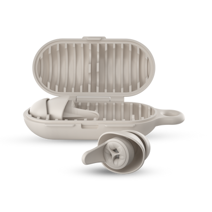 earpeace everyday case open with single earplug in case and single in earplug out in cream