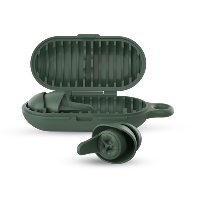 earpeace everyday case open with single earplug in case and single in earplug out in forest #color_forest