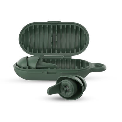 earpeace everyday case open with single earplug in case and single in earplug out in forest #color_forest