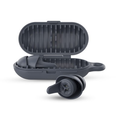 earpeace everyday case open with single earplug in case and single in earplug out in navy #color_navy