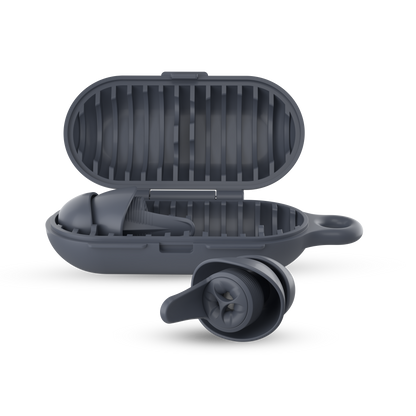 earpeace everyday case open with single earplug in case and single in earplug out in navy #color_navy