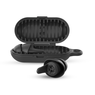 earpeace everyday case open with single earplug in case and single in earplug out in black