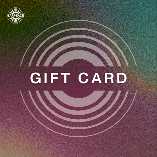 Gift card with concentric circle design and 'Earpeace' branding on a gradient background