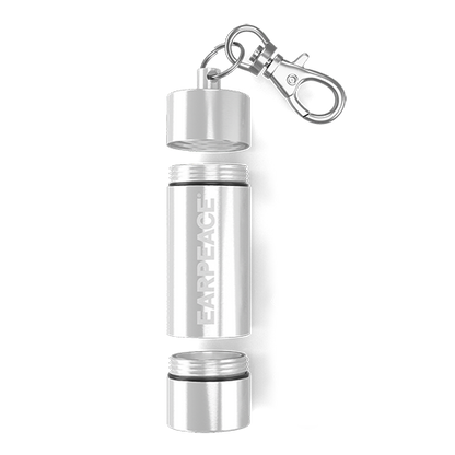 A silver dual chamber aluminum carrying case with 'EARPEACE' branding, featuring a clip and keychain attachment.