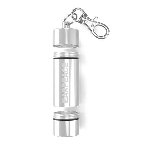 A silver dual chamber aluminum carrying case with 'EARPEACE' branding, featuring a clip and keychain attachment.