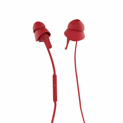 Dr Pepper earplugs attached to Dr Pepper connector cord on a white background