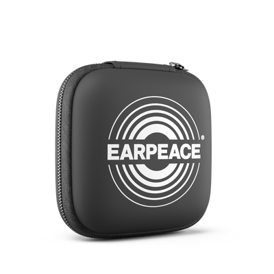 Black carrying case with 'EARPEACE' logo on a white background
