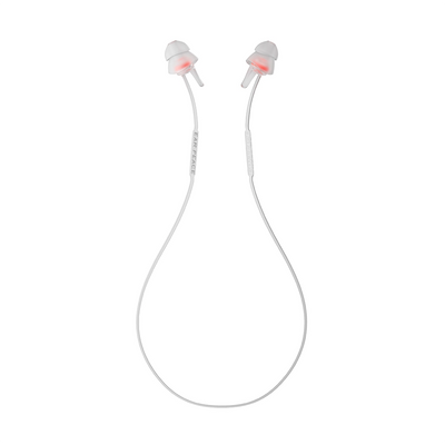 A clear connector cord designed to secure earplugs, with silicone ends, displayed against a white background.